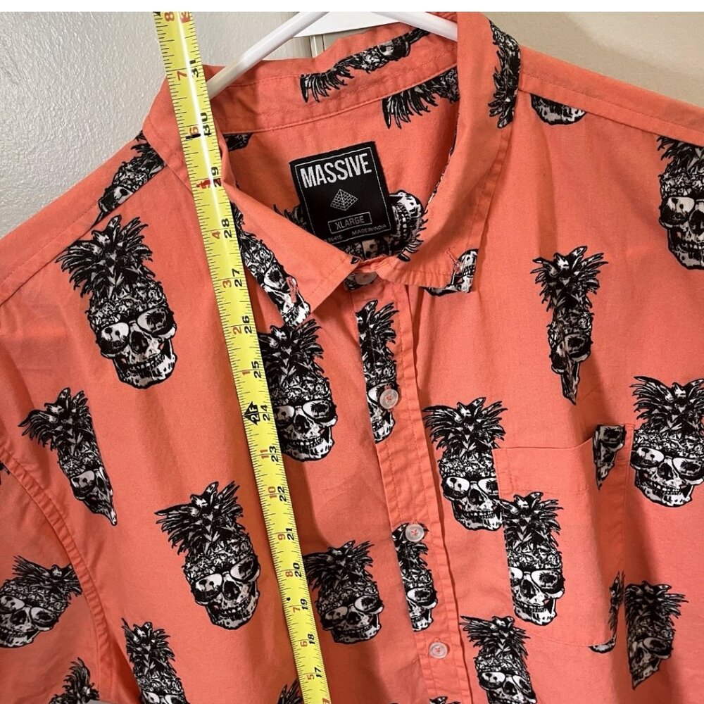 Pineapple Skull Button Down Shirt XL Coral Tropical Novelty Vacation Party - Picture 11 of 16